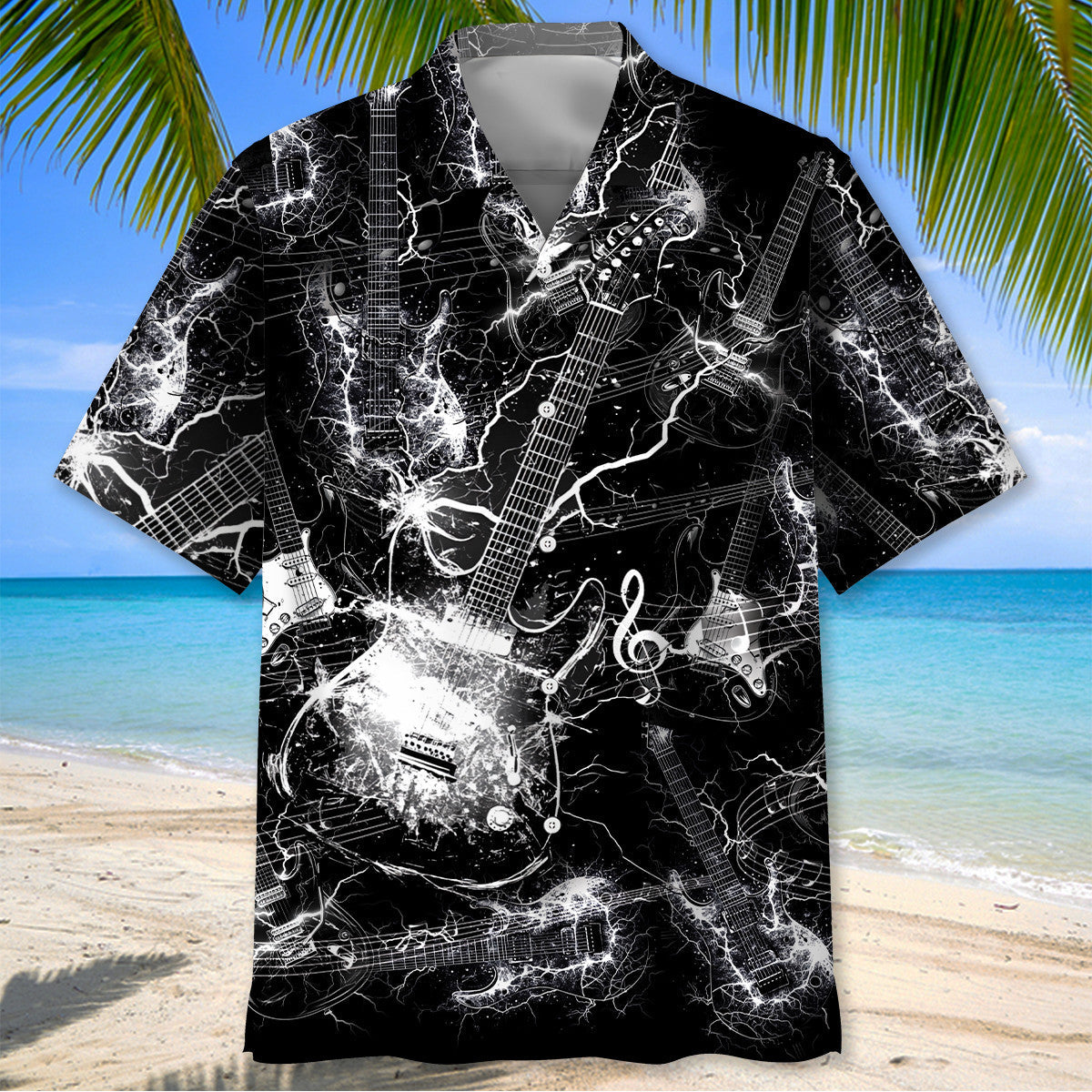 Black and White Lightning Electric Guitar Hawaiian Shirt