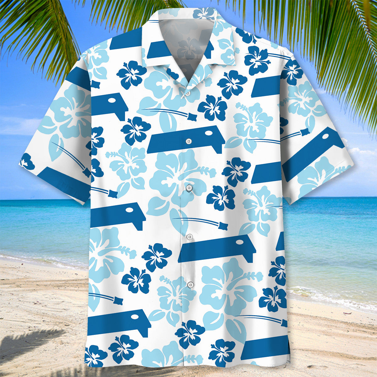 Cornhole Hibiscus Blue Hawaiian Shirt