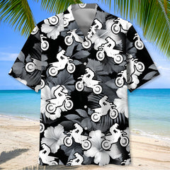 Motocross Black White Hibiscus Hawaiian Shirt