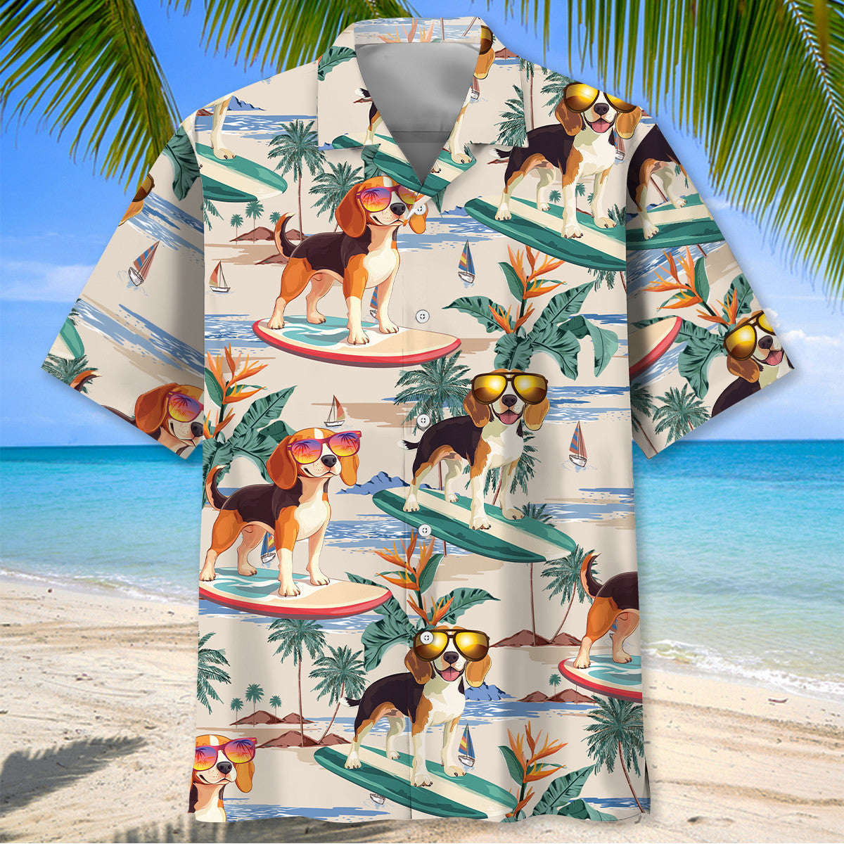 Beagle Surfing On Beach Hawaiian Shirt
