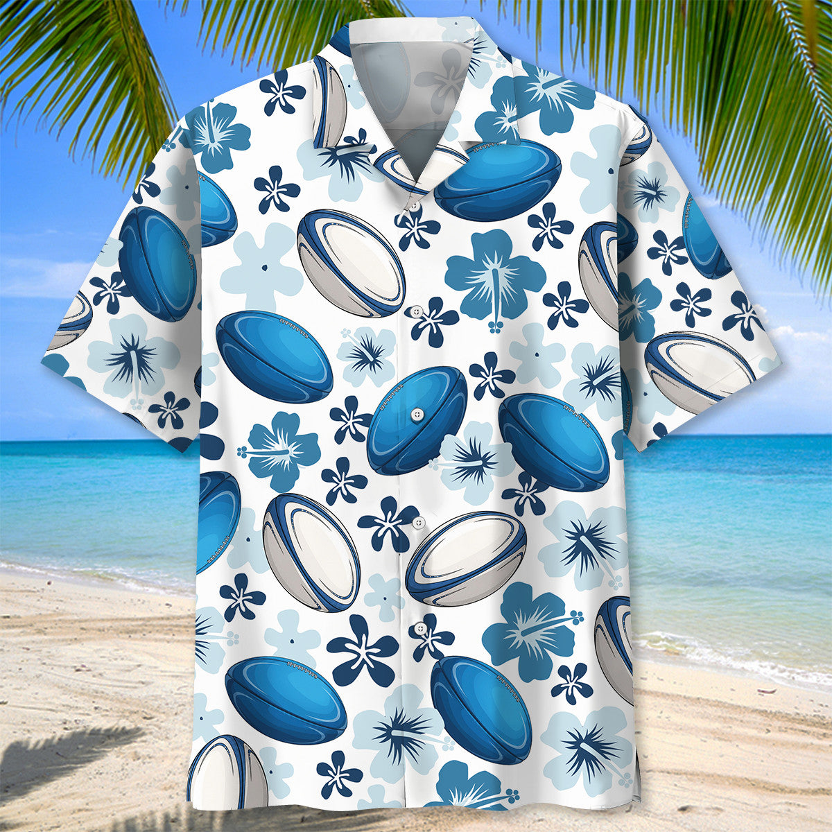 Blue Rugby Hibiscus Hawaiian Shirt