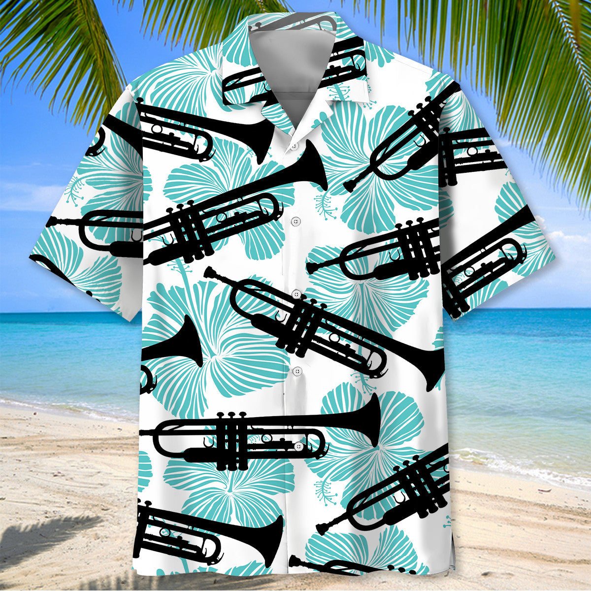 Trumpet Hibiscus Blue Hawaiian Shirt