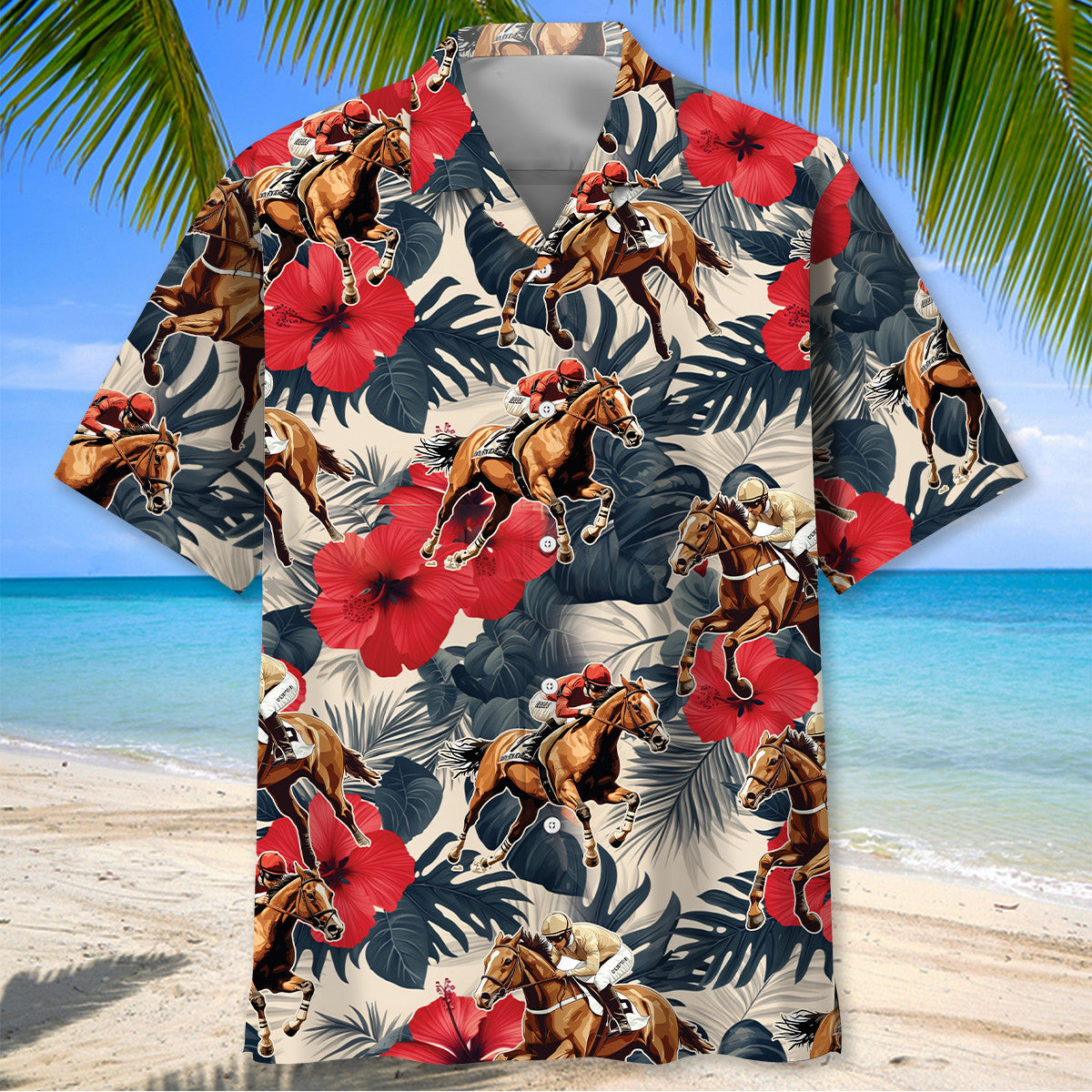 Vintage Jockey Horse Racing Hibiscus Hawaiian Shirt